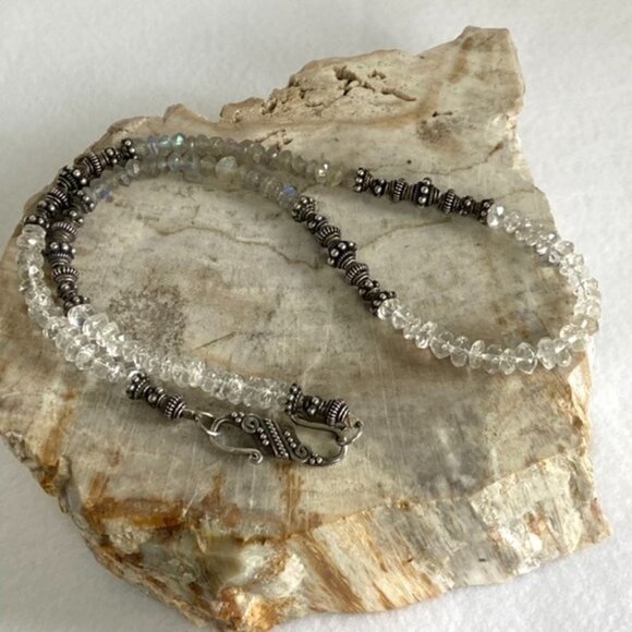 Sterling Silver 925 Labradorite & Quartz Beaded Necklace 17" Hook Closure 21g - Picture 16 of 16